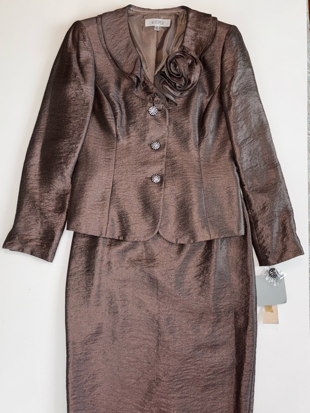Kasper Metallic Brown Two-Piece Skirt Suit Jacket with Rosette